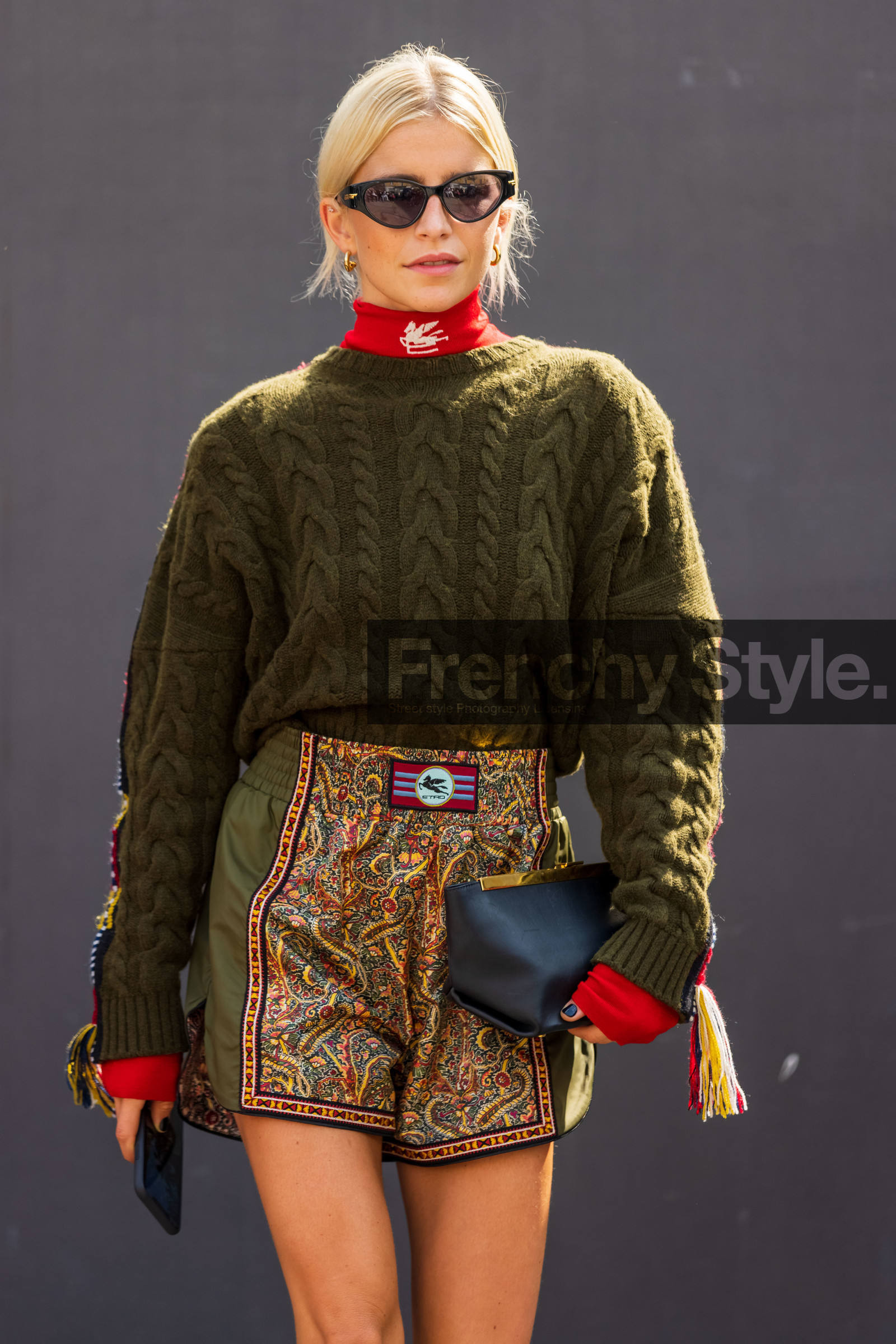 black bag, black sunglasses, boots, Caroline Daur, etro look, high boots, high waist short, khaki knit, knit, knitted sweater, black pouch, print, printed shirt, red top, short, sunglasses, turtleneck, pouch, bag, fashion week, frenchystyle, FW, jonathan paciullo, street style, MFW, MILAN, SPRING SUMMER 2022, SS 22, vertical, atmosphere details, detail