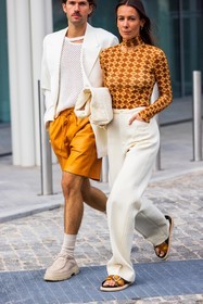 Alice Barbier, beige moccassins, beige shoes, color, couple, cream bag, cream pants, duo, Jean-Sebastien Roques, knit, menswear, mesh top, moccassins, orange short, orange turtleneck, pants, printed turtleneck, sandals, short, turtleneck, white bag, white blazer, white knit, white pants, white top, fashion week, frenchystyle, FW, jonathan paciullo, street style, SPRING SUMMER 2022, SS 22, MFW, MILAN, vertical, atmosphere details