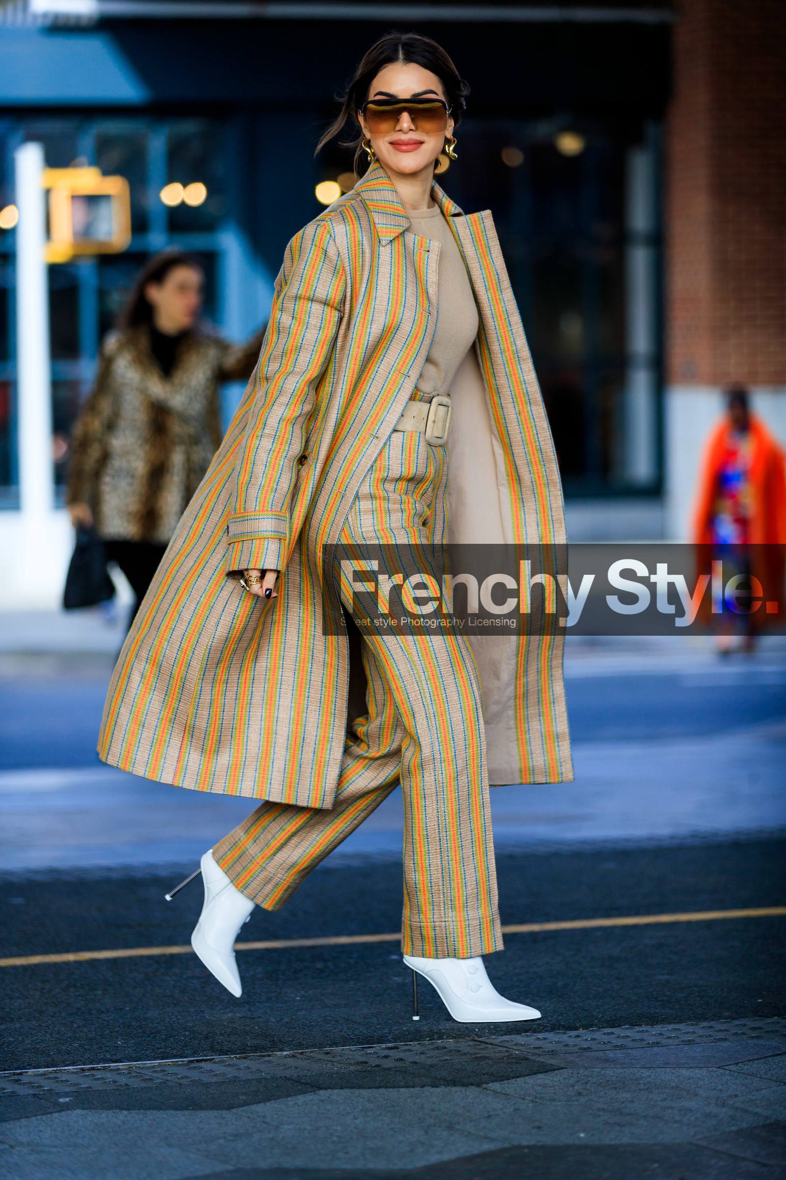 beige belt, beige coat, beige knit, beige pants, camila coelho, graphic jacket, graphic pants, high heels, leather belt, leather shoes, printed jacket, printed pants, stripes, sunglasses, trousers, white shoes, street style, jonathan paciullo, frenchystyle, NYFW, NEW YORK, AUTUMN WINTER 2019-2020, AW 19-20, FALL WINTER 2019-2020, FW 19-20, fashion week, FW, vertical, full length