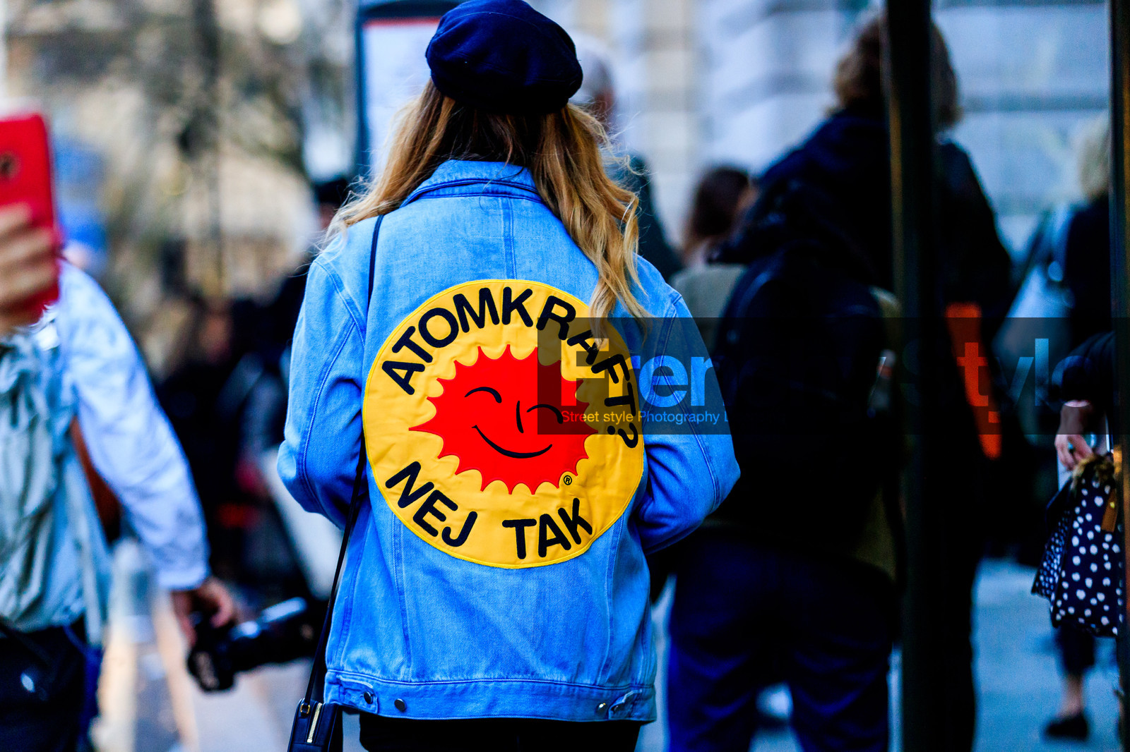 atmosphere details, AUTUMN WINTER 2017-2018, AW 17-18, back detail, beret, black hat, blue denim, denim jacket, detail, FALL WINTER 2017-2018, fashion week, frenchystyle, FW, FW 17-18, horizontal, jonathan paciullo, LFW, LONDON, message, printed jacket, street style