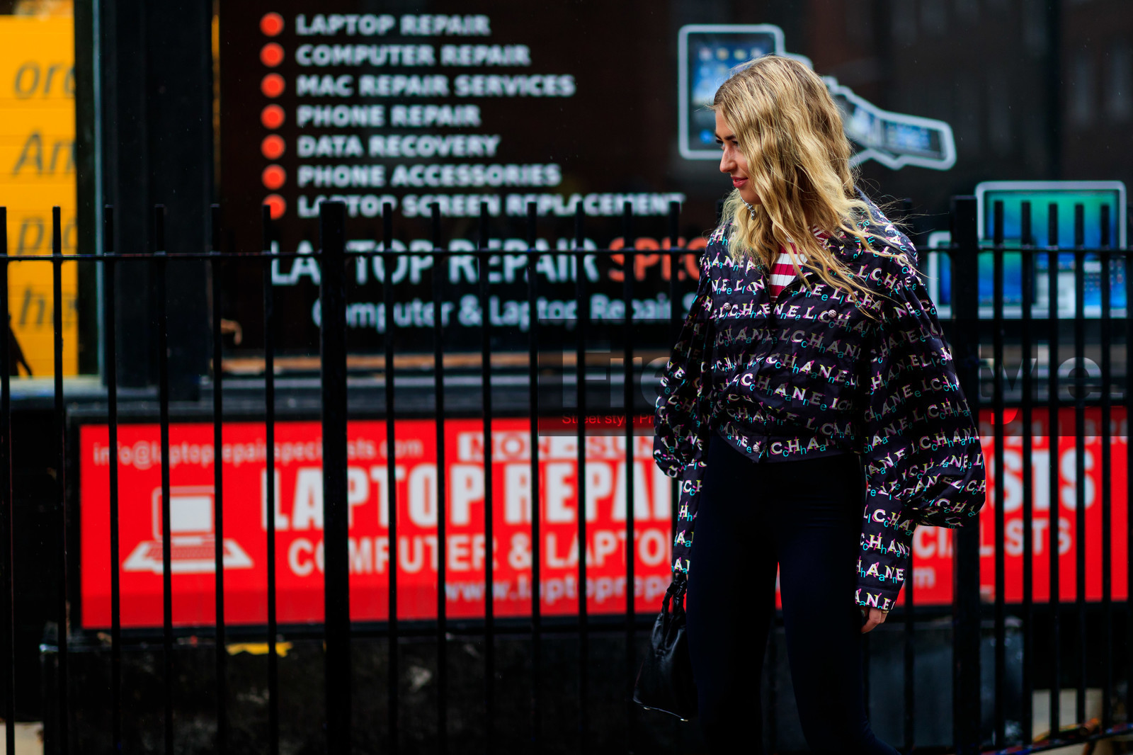 black bag, black leggings, black shorts, blue jacket, chanel, earrings, emili sindlev, graphic jacket, leather bag, printed jacket, red lips, stripes, trousers, LONDON, LFW, fashion week, frenchystyle, FW, jonathan paciullo, street style, AUTUMN WINTER 2019-2020, AW 19-20, FW 19-20, FALL WINTER 2019-2020, horizontal, atmosphere details, detail