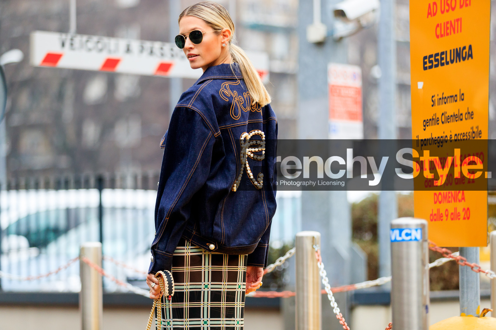 blue denim, brown dress, brown skirt, checked, denim jacket, embroidered jacket, fendi, graphic dress, graphic jacket, graphic skirt, pearls, plaid, printed dress, printed jacket, printed skirt, sunglasses, fashion week, frenchystyle, FW, jonathan paciullo, street style, MFW, MILAN, AUTUMN WINTER 2018-2019, FALL WINTER 2018-2019, FW 18-19, horizontal, atmosphere details, helena bordon
