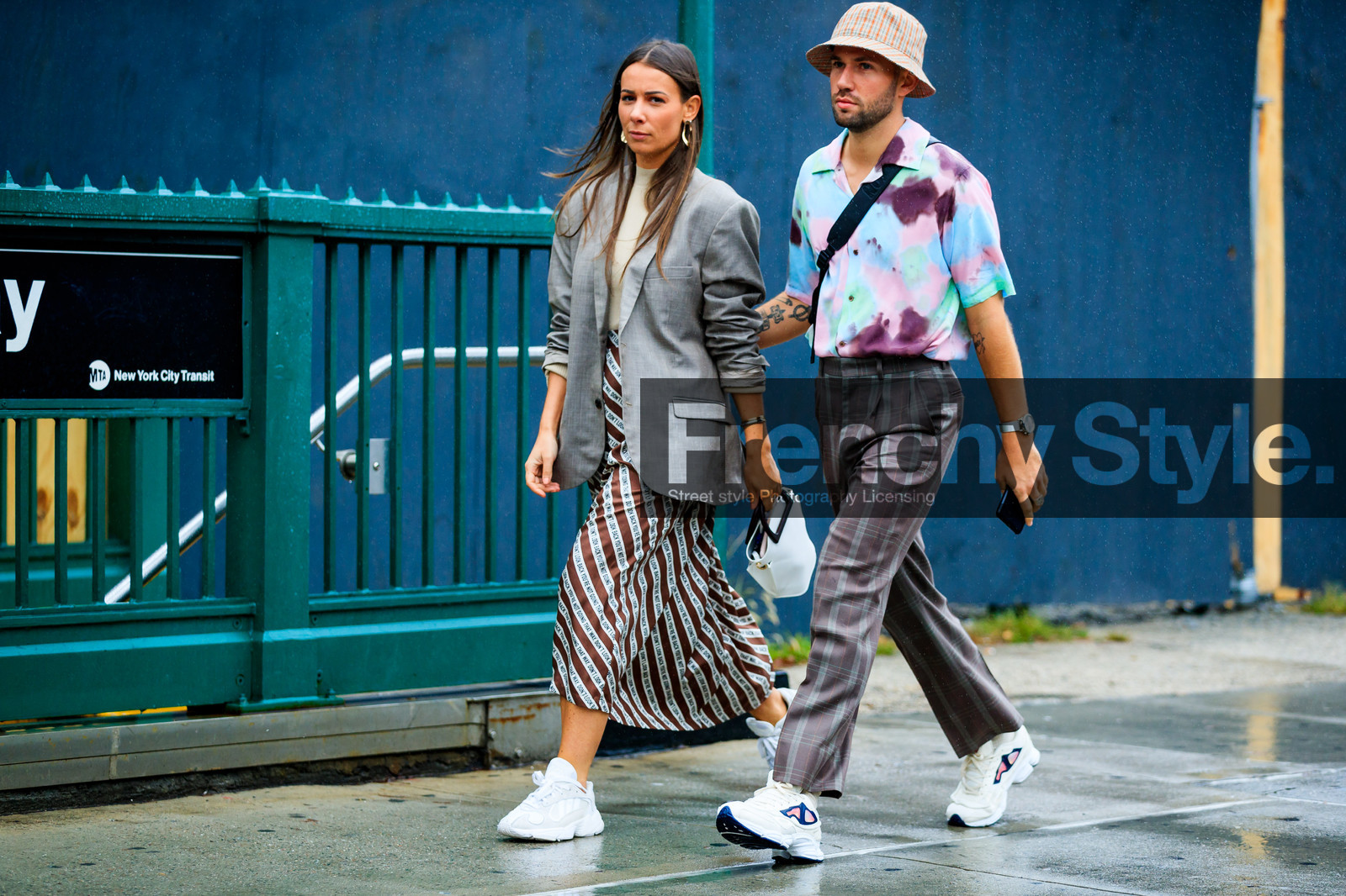 alice & j.s, blazer, brown dress, graphic dress, graphic pants, grey jacket, grey pants, leather bag, leather shoes, multicolor shirt, printed dress, printed pants, printed shirt, stripes, tattoos, tie & die, trousers, tye dye, white bag, white sneakers, street style, jonathan paciullo, FW, frenchystyle, fashion week, NYFW, NEW YORK, SPRING SUMMER 2019, SS 19, atmosphere details, horizontal, full length
