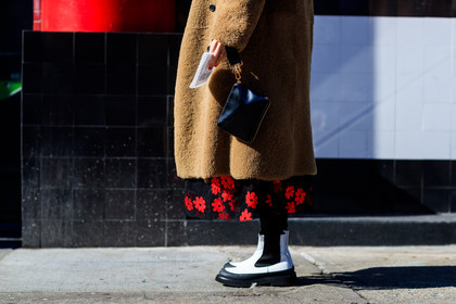 beige jacket, black skirt, camel coat, céline, embroidered skirt, floral, flowers, Fur coat, graphic skirt, leather shoes, printed skirt, shearling, white boots, street style, jonathan paciullo, FW, frenchystyle, fashion week, NYFW, NEW YORK, AUTUMN WINTER 2018-2019, AW 18-19, FALL WINTER 2018-2019, FW 18-19, atmosphere details, horizontal, detail, Lucy Chadwick