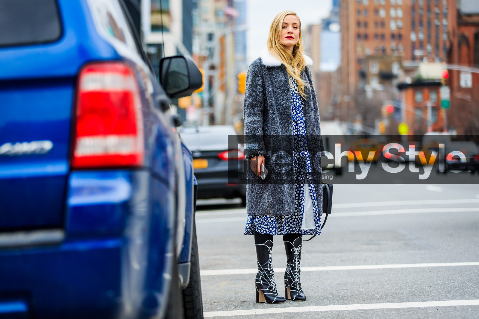 atmosphere details, AUTUMN WINTER 2016-2017, AW 16-17, black boots, blue dress, fashion week, floral, flower, frenchystyle, full length, fur collar, FW, FW 16-17, graphic shoes, grey coat, high boots, high heels, horizontal, jonathan paciullo, kate foley, leather boots, NEW YORK, NYFW, printed boots, printed dress, street style, woman