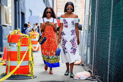 atmosphere details, blue bag, fashion week, floral, flowers, frenchystyle, full length, FW, graphic dress, horizontal, jonathan paciullo, leather bag, leather shoes, NEW YORK, NYFW, off the shoulder, printed dress, red dress, red shoes, silver shoes, SPRING SUMMER 2018, SS 18, street style, sunglasses, tanya taylor, white dress, white t shirt