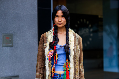 atmosphere details, blue denim, blue tank top, braids, brown jacket, denim pants, detail, fashion week, frenchystyle, fur collar, FW, hair jewels, horizontal, jeans, jonathan paciullo, model, NEW YORK, NYFW, shearling, SPRING SUMMER 2018, SS 18, street style, trousers, varsha thapa