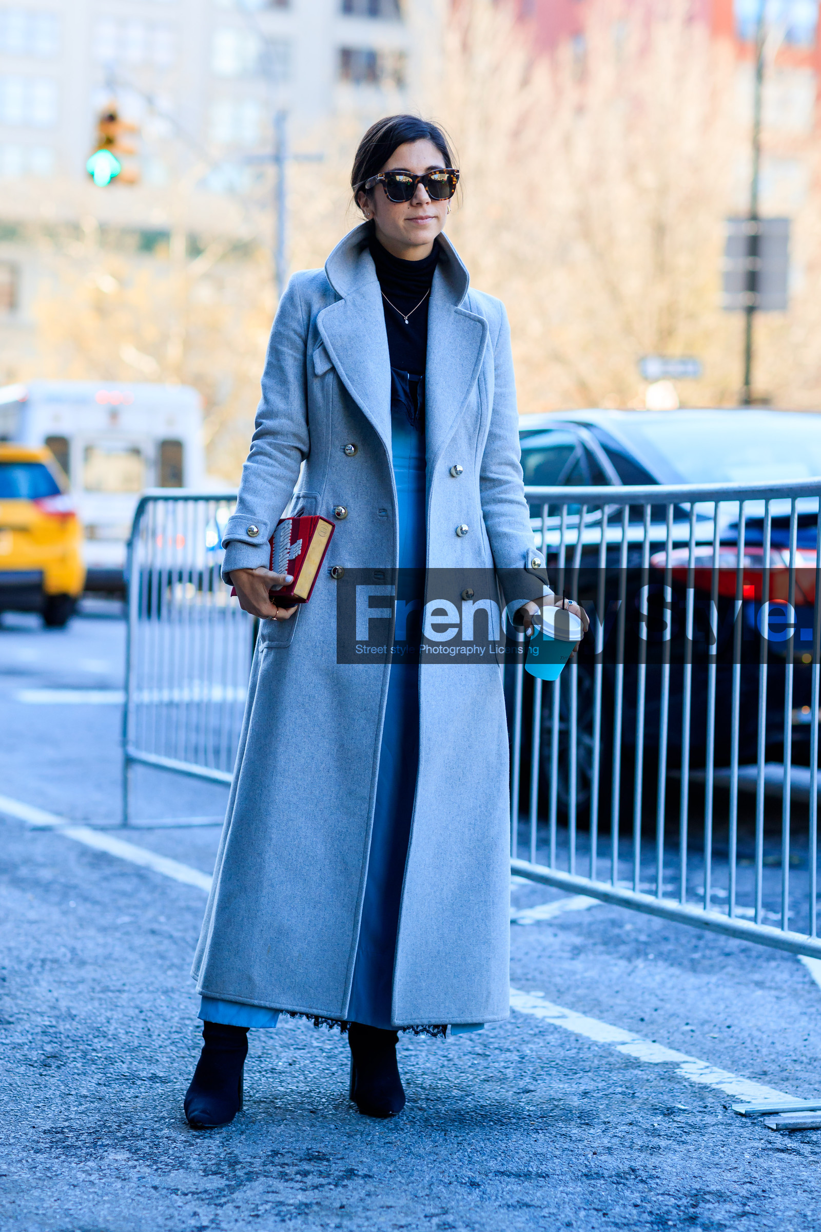 black shoes, embroidered bag, grey coat, leather bag, leather shoes, olympia le tan, red bag, sunglasses, street style, jonathan paciullo, FW, frenchystyle, fashion week, NYFW, NEW YORK, AUTUMN WINTER 2018-2019, AW 18-19, FALL WINTER 2018-2019, FW 18-19, vertical, full length