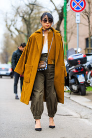animal print, AUTUMN WINTER 2016-2017, AW 16-17, black heels, black shoes, brown bag, camel coat, camel jacket, FALL WINTER 2016-2017, fashion week, fendi, frenchystyle, full length, FW, FW 16-17, graphic bag, green pants, high heels, high waist, jonathan paciullo, kaki pants, leather bag, leather shoes, LFW, LONDON, margaret, zhang, MENSWEAR, over the shoulder, snake print, street style, striped bag, stripes, suede shoes, sunglasses, sweatpants, teddy jacket, tied up scarf, trousers, vertical, white shirt