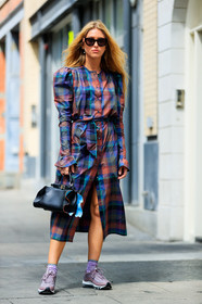 black bag, checked dress, emili sindlev, fashion week, fendi, frenchystyle, full length, FW, graphic dress, jonathan paciullo, leather bag, NEW YORK, nike, NYFW, pink sneakers, plaid, printed dress, purple dress, SPRING SUMMER 2018, SS 18, street style, sunglasses, tartan, vertical
