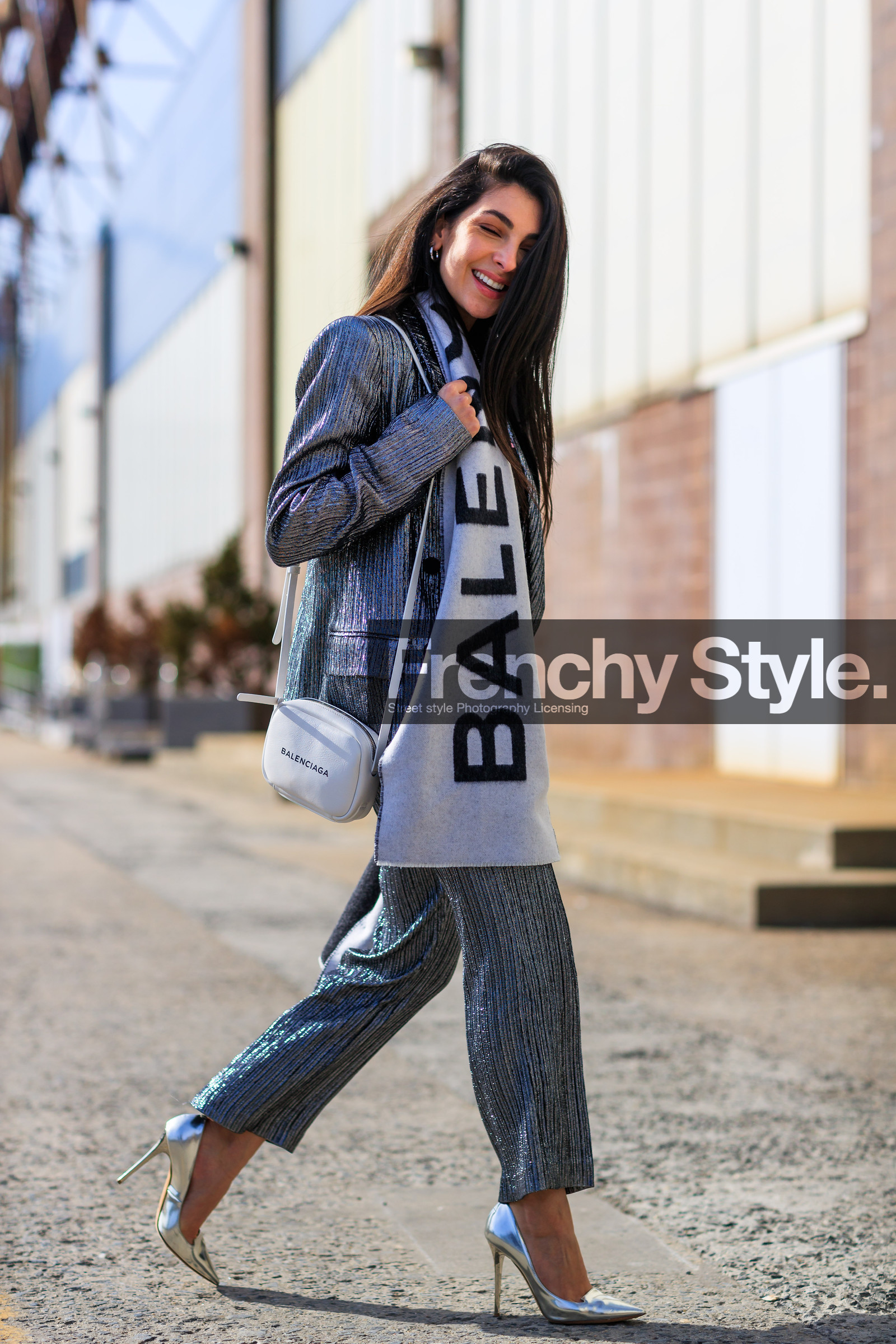 balenciaga, black t shirt, graphic jacket, graphic pants, high heels, leather shoes, printed jacket, printed pants, printed t shirt, shiny jacket, shiny pants, shiny shoes, silver shoes, trousers, white scarf, street style, jonathan paciullo, FW, frenchystyle, fashion week, NYFW, NEW YORK, AUTUMN WINTER 2018-2019, AW 18-19, FALL WINTER 2018-2019, FW 18-19, vertical, full length, anna nooshin