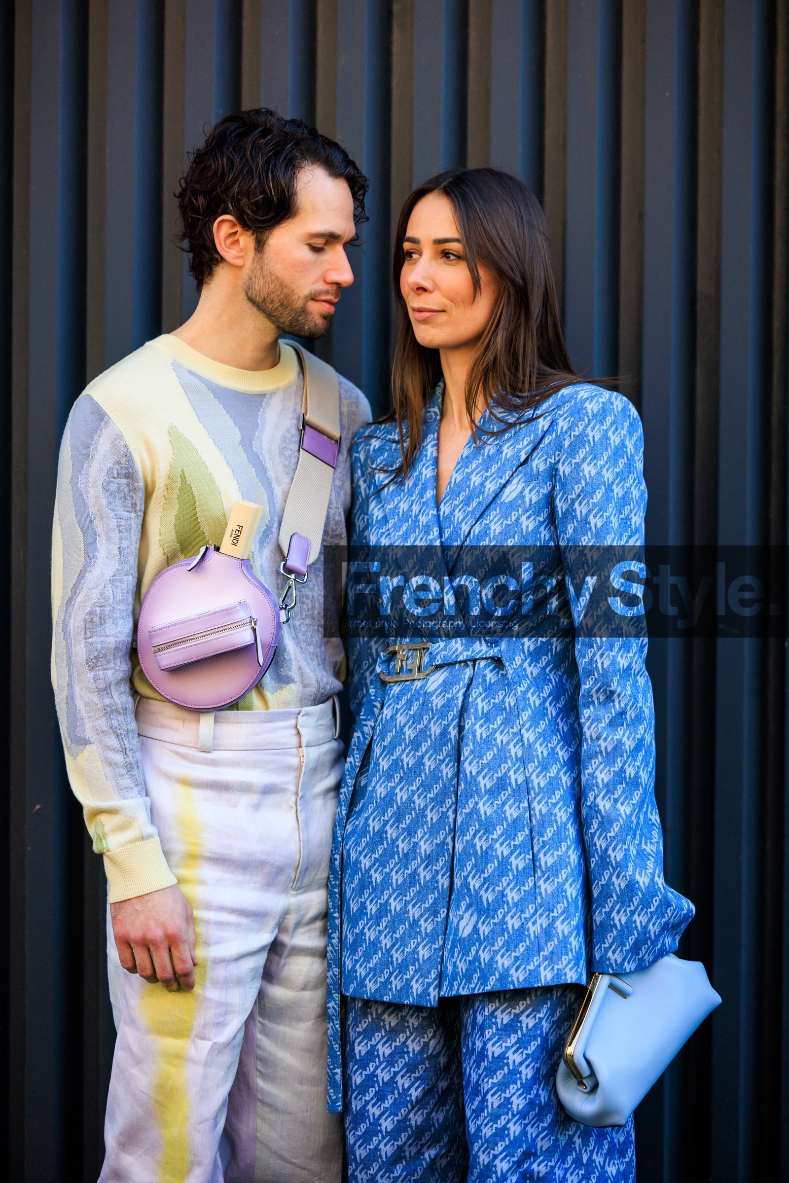 fendi, crossbody bag, purple crossbody bag, blue suit, printed suit, blue fendi suit, blue blazer, printed blazer, fendi belt, knitted multicolor jumper, multicolor pants, fendi pouch, blue pouch, close up, JS roques, alice barbier, alice & j.s, fashion week, frenchystyle, FW, jonathan paciullo, street style, MFW, MILAN, FALL WINTER 2022_2023, AUTUMN WINTER 2022-2023, FW 22-23, vertical, atmosphere details