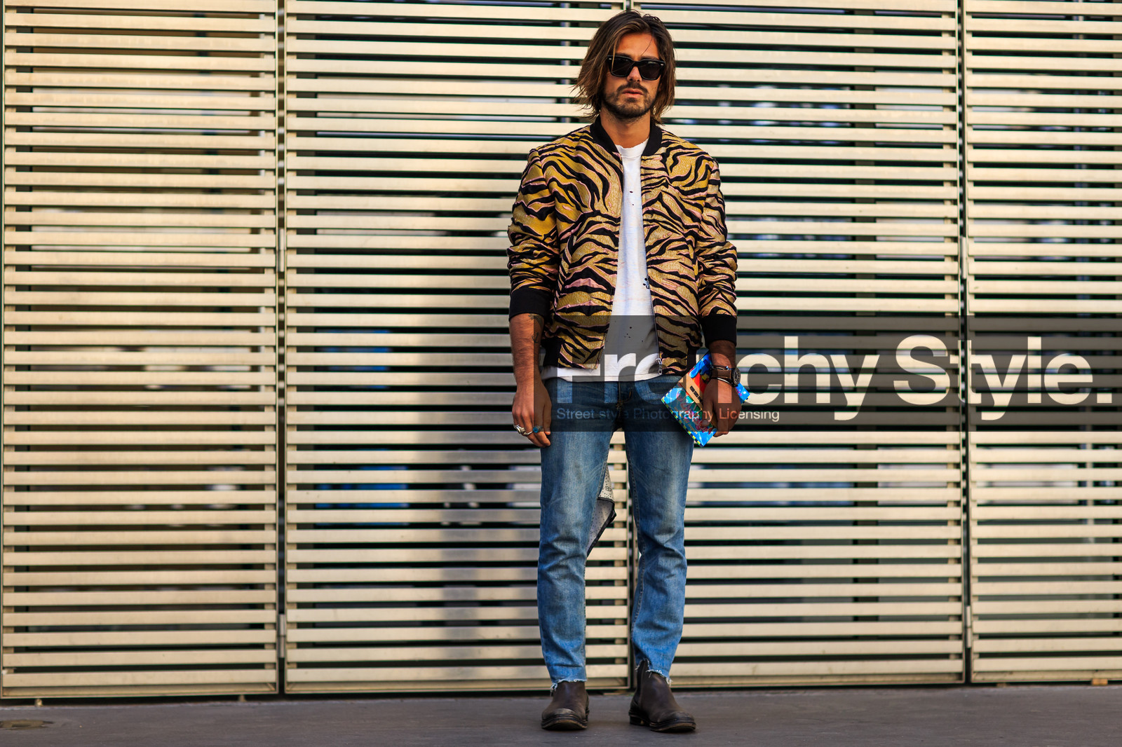 atmosphere details, blue denim, bomber jacket, brown boots, denim pants, fashion week, frenchystyle, full length, FW, Giotto Calendoli, horizontal, jeans, jonathan paciullo, leather boots, MENSWEAR, PARIS, PFW, printed jacket, SPRING SUMMER 2017, SS 17, street style, sunglasses, trousers, white t shirt, yellow jacket, zebra