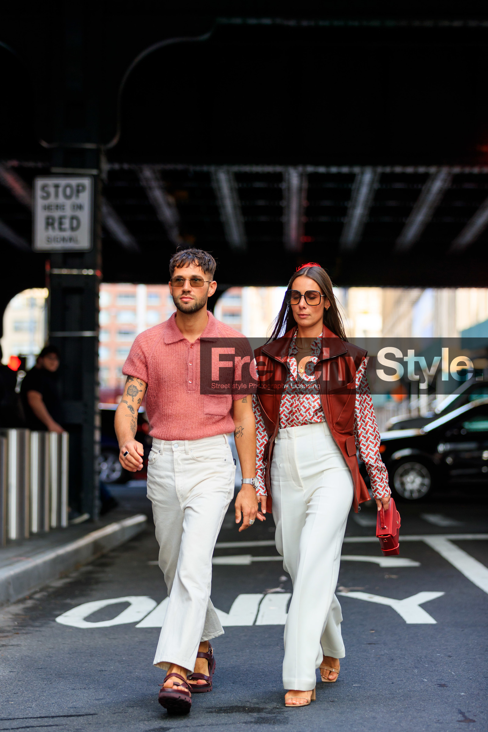 alice & j.s, alice barbier, beige shoes, brown jacket, brown sandals, burberry, denim pants, graphic shirt, high heels, high waist, jeans, JS roques, leather bag, leather jacket, leather shoes, monogram, pink sweater, polo sweater, printed shirt, red bag, sleeveless, sunglasses, tattoos, trousers, watch, white denim, street style, jonathan paciullo, FW, frenchystyle, fashion week, NEW YORK, NYFW, SPRING SUMMER 2020, SS 20, vertical, full length