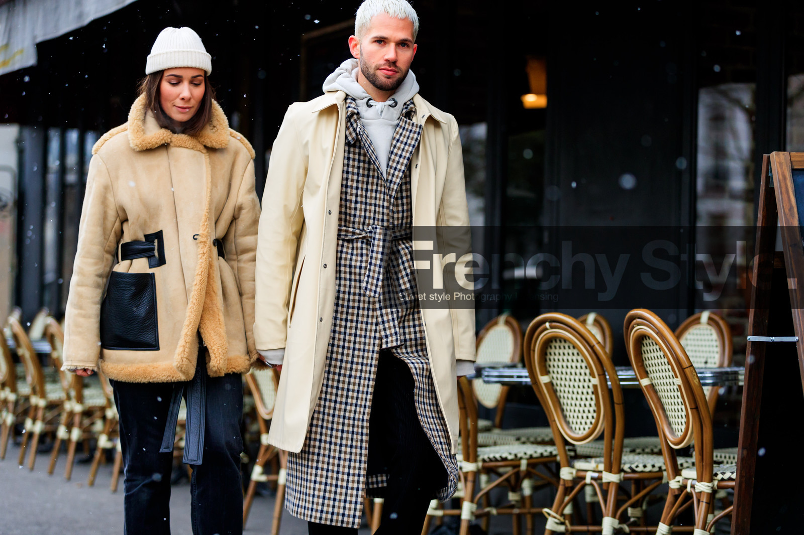 beige jacket, black denim, black pants, checked, denim pants, gingham, graphic jacket, hoodie, jeans, plaid, printed jacket, shearling, trousers, white beanie, white coat, white jacket, white sweater, fashion week, frenchystyle, FW, jonathan paciullo, street style, PFW, PARIS, AUTUMN WINTER 2018-2019, FALL WINTER 2018-2019, FW 18-19, horizontal, atmosphere details, alice & j.s
