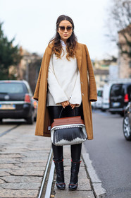 AUTUMN WINTER 2016-2017, AW 16-17, black bag, black boots, black pants, brown bag, camel coat, FALL WINTER 2016-2017, fashion week, frenchystyle, full length, FW, FW 16-17, graphic bag, jonathan paciullo, leather bag, leather boots, leather pants, LFW, LONDON, MENSWEAR, over the shoulder, printed bag, street style, sunglasses, tamara kalinic, tods, trousers, vertical, white bag, white knit
