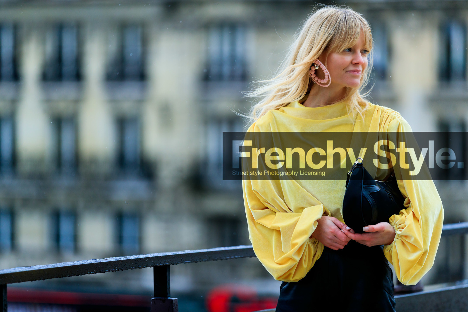 jeanette madsen, prada bag, light yellow blouse, velvet blouse, drape blouse, long sleeves blouse, black leather bag, black leather pants, hand bag, pink earrings, round shape earrings, pearl earrings, high waist pants, fashion week, frenchystyle, FW, jonathan paciullo, street style, PFW, PARIS, horizontal, atmosphere details, detail
