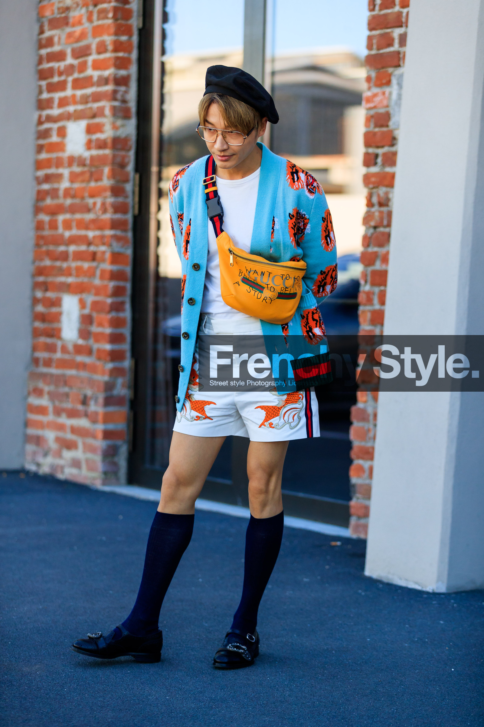 beret, black hat, black shoes, black socks, blue cardigan, embroidered sweater, fanny pack, fashion week, floral, flowers, frenchystyle, full length, FW, graphic bag, gucci, high socks, jonathan paciullo, leather bag, leather shoes, MFW, MILAN, orange bag, printed bag, printed shorts, printed sweater, SPRING SUMMER 2018, SS 18, street style, sunglasses, vertical, white shorts, white t shirt