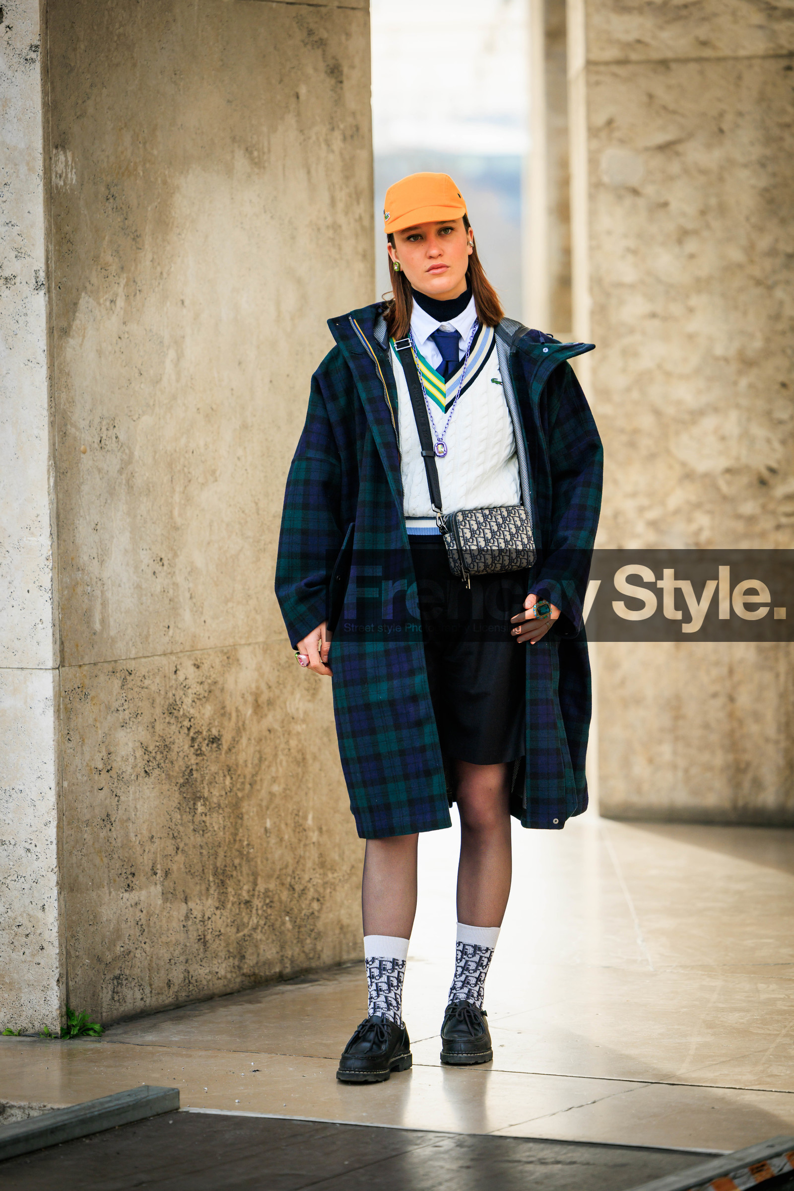 orange cap, blue tie, white vest, sleeveless vest, short, crossbody bag, dior bag, plaid coat, green coat, scout girl look, dior socks, black derbies, fashion week, frenchystyle, FW, jonathan paciullo, street style, AUTUMN WINTER 2022-2023, FALL WINTER 2022_2023, FW 22-23, PFW, PARIS, vertical, full length