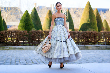 black shoes, bustier dress, christian dior, embroideries, geraldine boublil, graphic dress, high heels, leather bag, leather shoes, nude bag, polka dot, printed dress, saddle bag, tulle, white dress, PARIS, PFW, street style, jonathan paciullo, FW, frenchystyle, fashion week, AUTUMN WINTER 2019-2020, AW 19-20, FALL WINTER 2019-2020, FW 19-20, horizontal, atmosphere details, full length