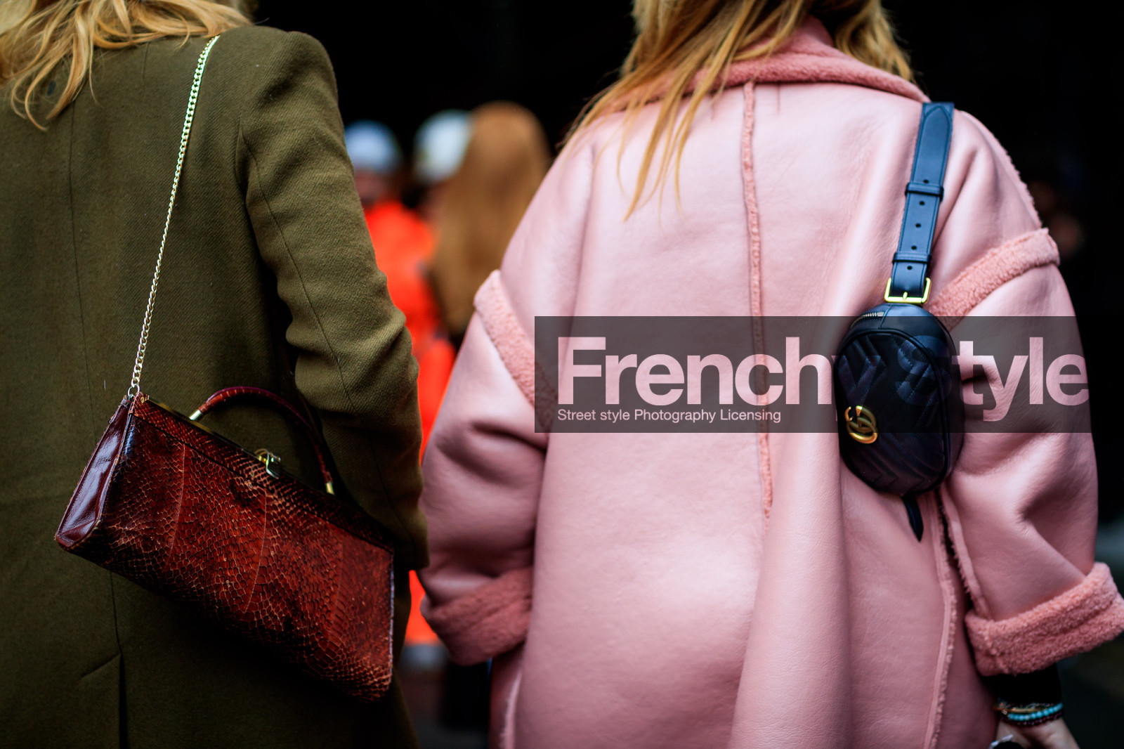 black bag, brown bag, fanny pack, green coat, gucci, leather bag, pink coat, shearling, street style, jonathan paciullo, FW, frenchystyle, fashion week, LFW, LONDON, AUTUMN WINTER 2018-2019, AW 18-19, FALL WINTER 2018-2019, FW 18-19, horizontal, atmosphere details, detail