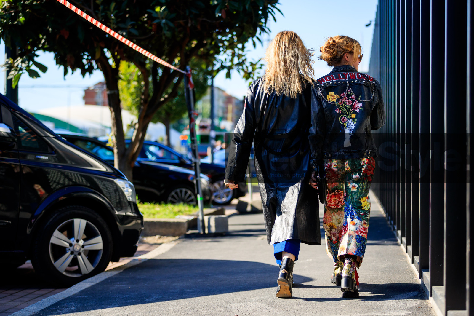 atmosphere details, black coat, black shoes, fashion week, floral, flowers, frenchystyle, full length, FW, graphic jacket, graphic pants, gucci, horizontal, jonathan paciullo, leather coat, leather shoes, MFW, MILAN, multicolor pants, printed jacket, printed pants, SPRING SUMMER 2018, SS 18, street style, trousers