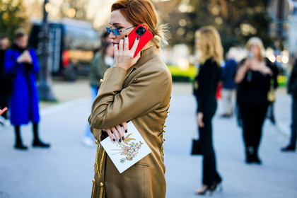 golden coat, iphone, red case, nails, profile, black sunglasses, orange hair, schiaparelli coat, schiaparelli, invitation, fashion week, frenchystyle, FW, jonathan paciullo, street style, PARIS, PFW, SPRING SUMMER 2022, SS 22, atmosphere details, detail, horizontal