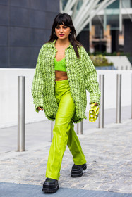 black shoes, checked bag, checked shirt, chunky shoes, color, fluo color, green bra, green monochrome, green pants, knitted bra, leather bag, leather pants, leather shoes, Maria Bernad, monochrome, msmg look, plateform, print, printed bag, printed shirt, yellow bag, fashion week, frenchystyle, FW, jonathan paciullo, street style, SPRING SUMMER 2022, SS 22, MFW, MILAN, vertical, full length