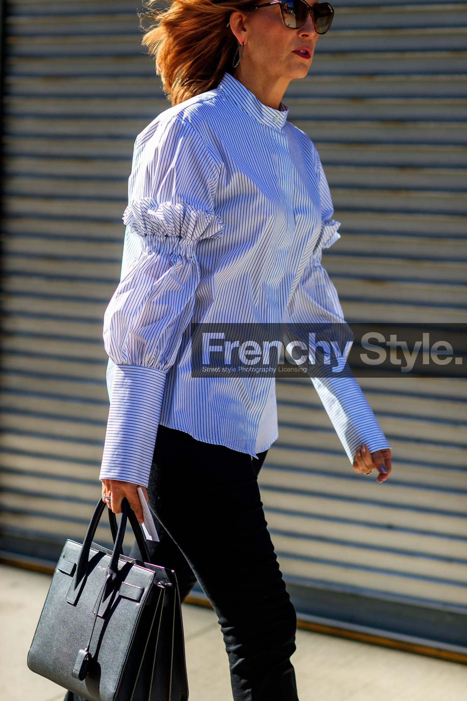 black bag, black pants, blue shirt, fashion week, frenchystyle, full length, FW, graphic shirt, jonathan paciullo, leather bag, NEW YORK, NYFW, printed shirt, ruffles, SPRING SUMMER 2018, SS 18, street style, striped shirt, sunglasses, trousers, vertical