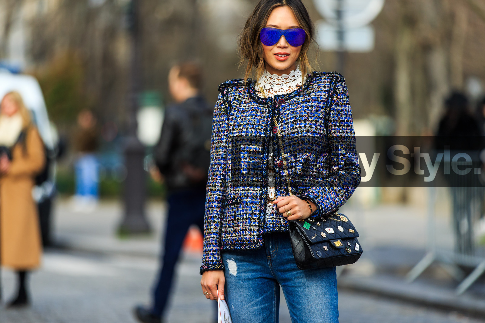 aimee song, atmosphere details, AUTUMN WINTER 2016-2017, AW 16-17, black bag, blue denim, blue jacket, chanel, denim pants, detail, embroidered bag, embroidered jacket, FALL WINTER 2016-2017, fashion week, frenchystyle, FW, FW 16-17, horizontal, jeans, jonathan paciullo, leather bag, PARIS, PFW, ripped pants, street style, sunglasses, trousers, tweed jacket