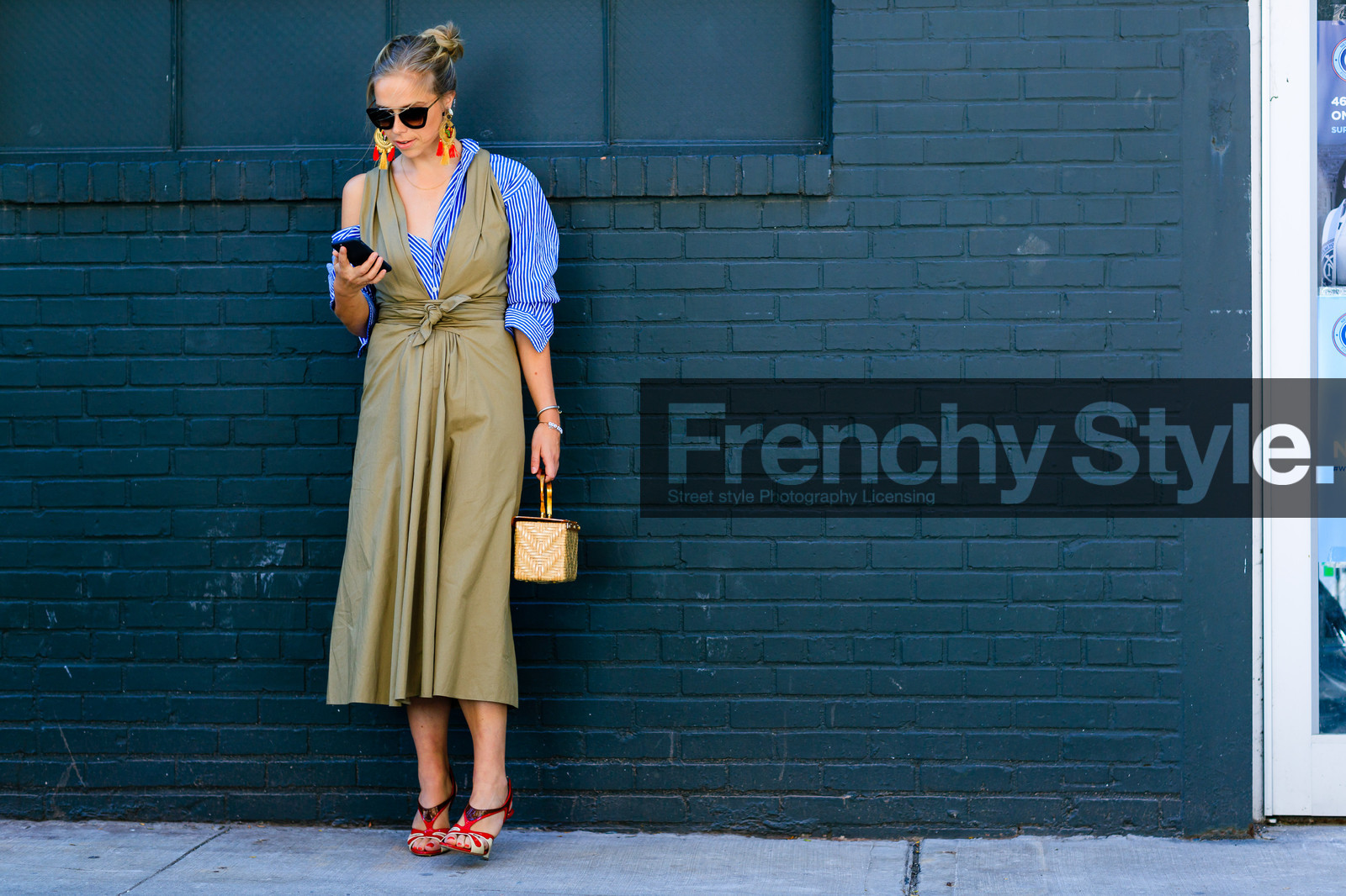 atmosphere details, basket, beige dress, blue shirt, earrings, fashion week, frenchystyle, full length, FW, graphic shirt, high heels, horizontal, jonathan paciullo, leather shoes, NEW YORK, NYFW, printed shirt, red shoes, SPRING SUMMER 2017, SS 17, street style, striped shirt, sunglasses, woman