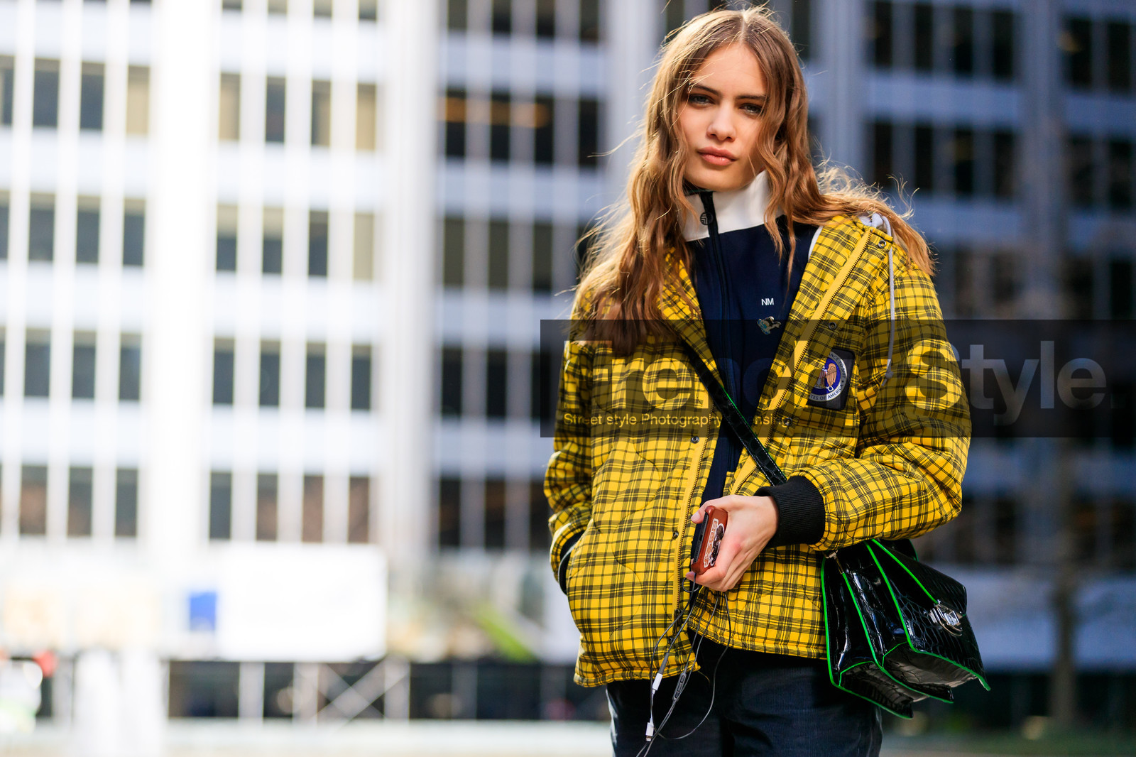 black bag, black pants, checked, corduroy, graphic jacket, leather bag, long hair, navy sweater, plaid, printed jacket, trousers, yellow jacket, street style, jonathan paciullo, FW, frenchystyle, fashion week, NYFW, NEW YORK, AUTUMN WINTER 2018-2019, AW 18-19, FALL WINTER 2018-2019, FW 18-19, atmosphere details, horizontal, detail, model