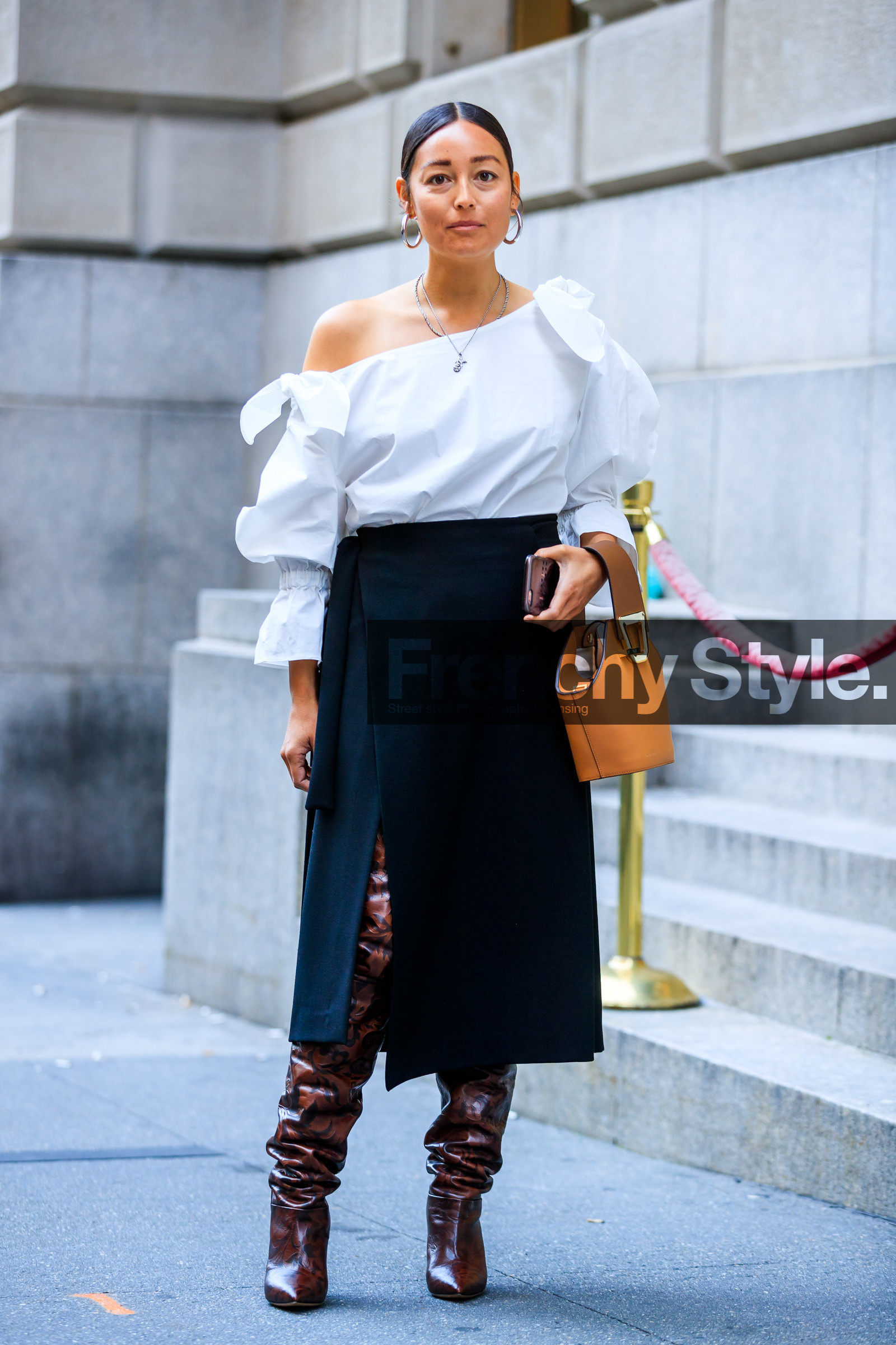 black skirt, brown bag, brown boots, fashion week, frenchystyle, full length, FW, high boots, high heels, jonathan paciullo, leather bag, leather shoes, NEW YORK, NYFW, rachael wang, SPRING SUMMER 2018, SS 18, street style, vertical, white shirt