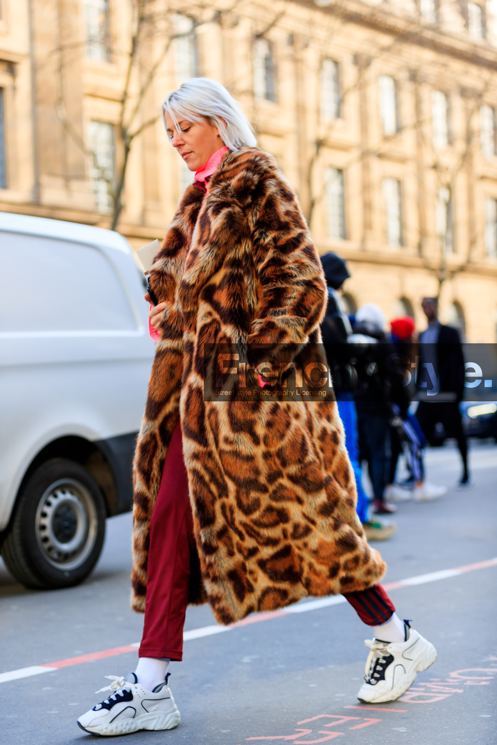 brown fur, Fur coat, graphic jacket, leather shoes, printed jacket, red pants, sweatpants, trousers, white sneakers, street style, jonathan paciullo, FW, frenchystyle, fashion week, PFW, PARIS, AUTUMN WINTER 2018-2019, FALL WINTER 2018-2019, FW 18-19, vertical, full length