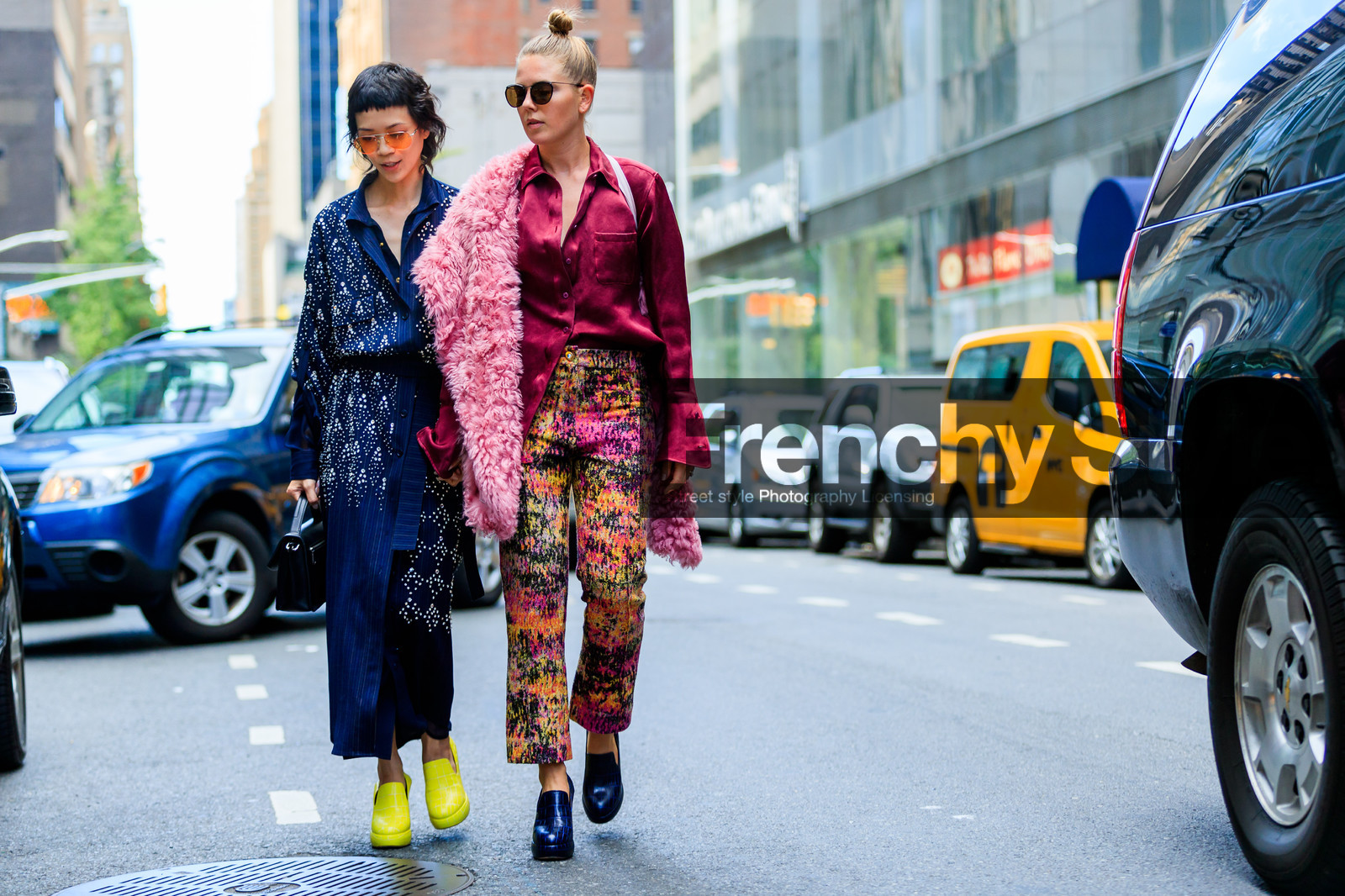 atmosphere details, black bag, blue dress, blue shoes, embroidered dress, fashion week, frenchystyle, full length, fur scarf, fuschia, FW, high heels, horizontal, jonathan paciullo, leather bag, leather shoes, megan bowman gray, NEW YORK, NYFW, patty lu, pearls, pink fur, pink pants, pink shirt, printed pants, red shirt, SPRING SUMMER 2017, SS 17, street style, sunglasses, trousers, woman, yellow boots