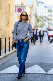 alexandra golovanoff, light grey pullover, blue jeans, denim, black polish shoes, PARIS, PFW, SPRING SUMMER 2020, SS 20, fashion week, frenchystyle, FW, jonathan paciullo, street style, vertical, full length
