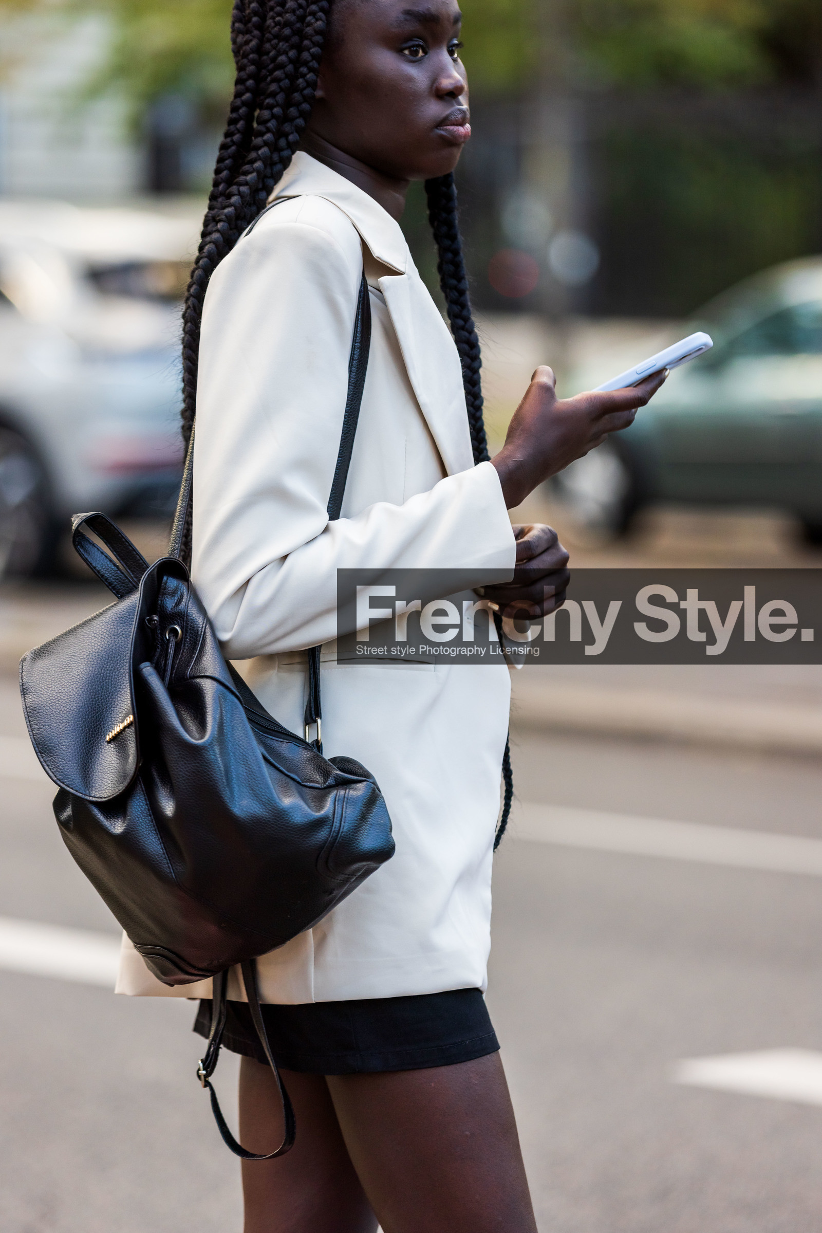 backpack, bag, black backpack, black bag, black skirt, blazer, leather backpack, leather bag, mini skirt, skirt, white blazer, fashion week, frenchystyle, FW, jonathan paciullo, street style, PFW, PARIS, SPRING SUMMER 2022, SS 22, vertical, atmosphere details, model