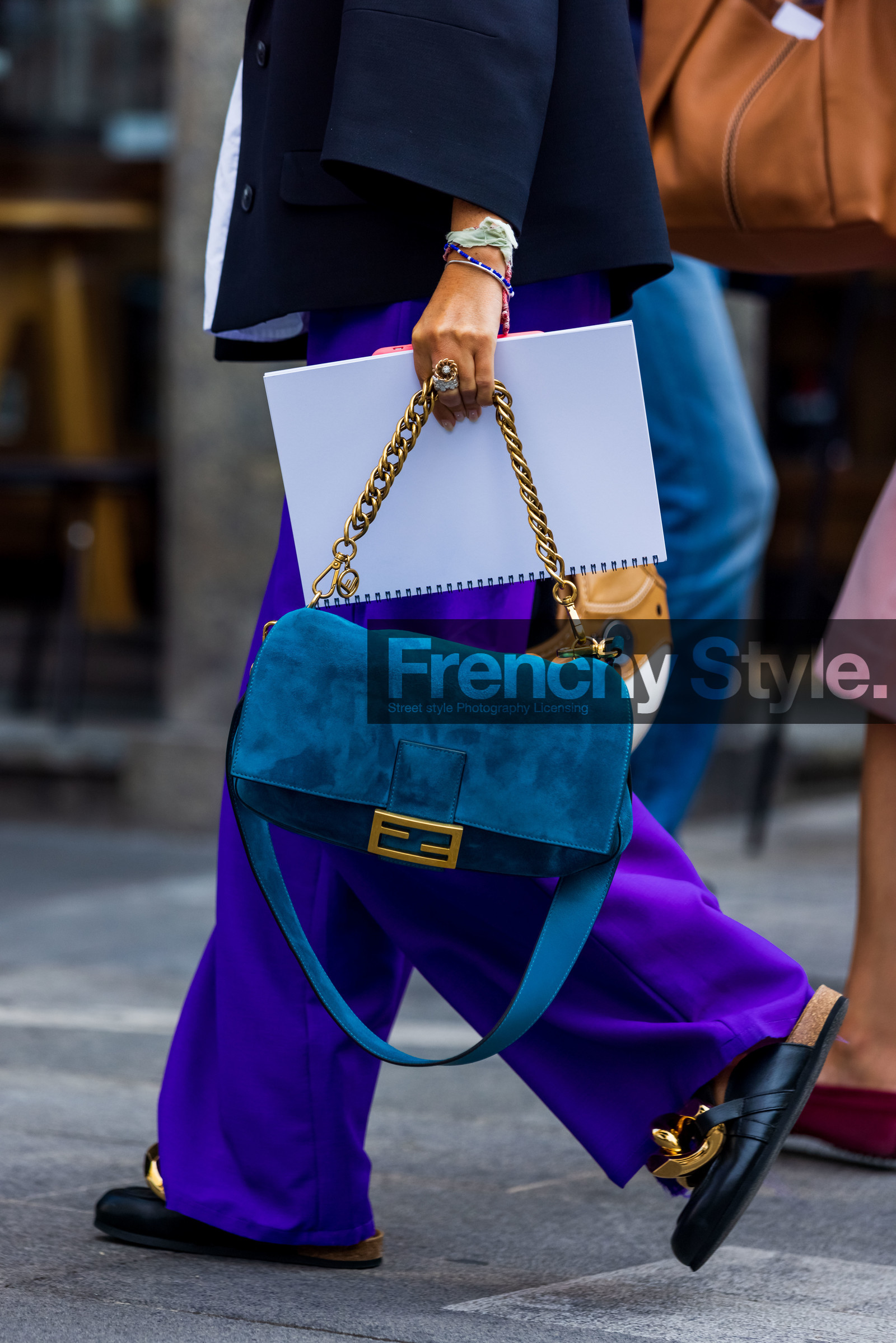 bag, black mules, blue bag, color, fendi bag, jw anderson mules, leather mules, mules, purple pants, suede bag, fashion week, frenchystyle, FW, jonathan paciullo, street style, MFW, MILAN, SPRING SUMMER 2022, SS 22, vertical, atmosphere details, detail