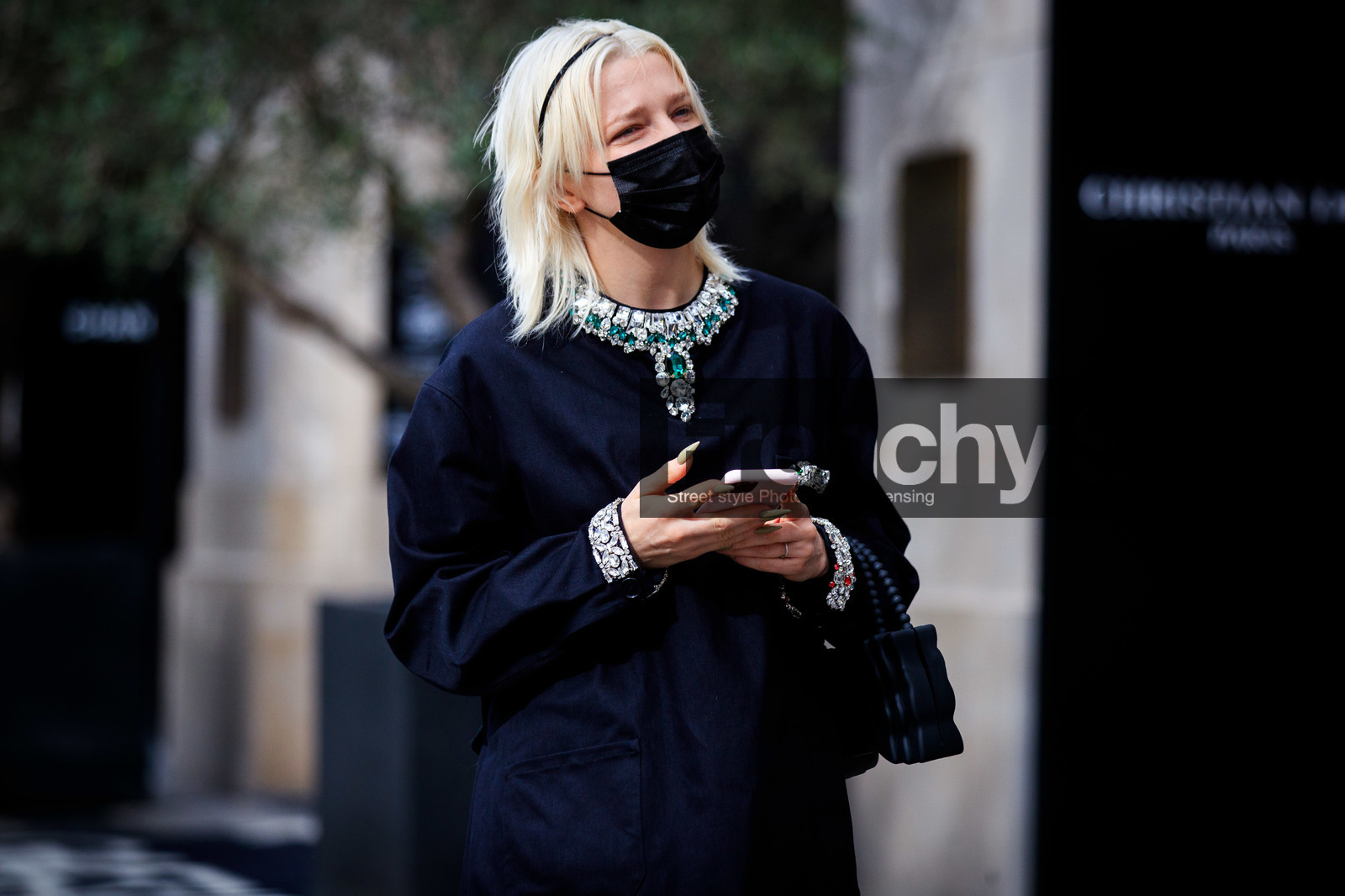 lotta volkova, black dress, embroidered dress, embroidered collar, strassed dress, nail art, nails details, miu miu dress, covid face mask, PARIS, PFW, fashion week, frenchystyle, FW, jonathan paciullo, street style, SPRING SUMMER 2021, SS 21, horizontal, atmosphere details, detail