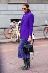 bag, balenciaga earrings, big earrings, black bag, black boots, boots, bra, color, flower, flower print, gold bracelet, leather bag, leather boots, print, printed dress, purple blazer, purple dress, saint laurent bag, silver watch, suede bag, sunglasses, watch, wool blazer, fashion week, frenchystyle, FW, jonathan paciullo, street style, SPRING SUMMER 2022, SS 22, MFW, MILAN, vertical, full length