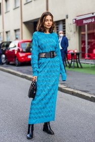 black bag, black boots, blue dress, Clara Aparicio, color, dress, knitted dress, large belt, leather bag, leather boots, missoni look, printed belt, printed dress, long dress, wool dress, turquoise dress, fashion week, frenchystyle, FW, jonathan paciullo, street style, MFW, MILAN, SPRING SUMMER 2022, SS 22, vertical, full length