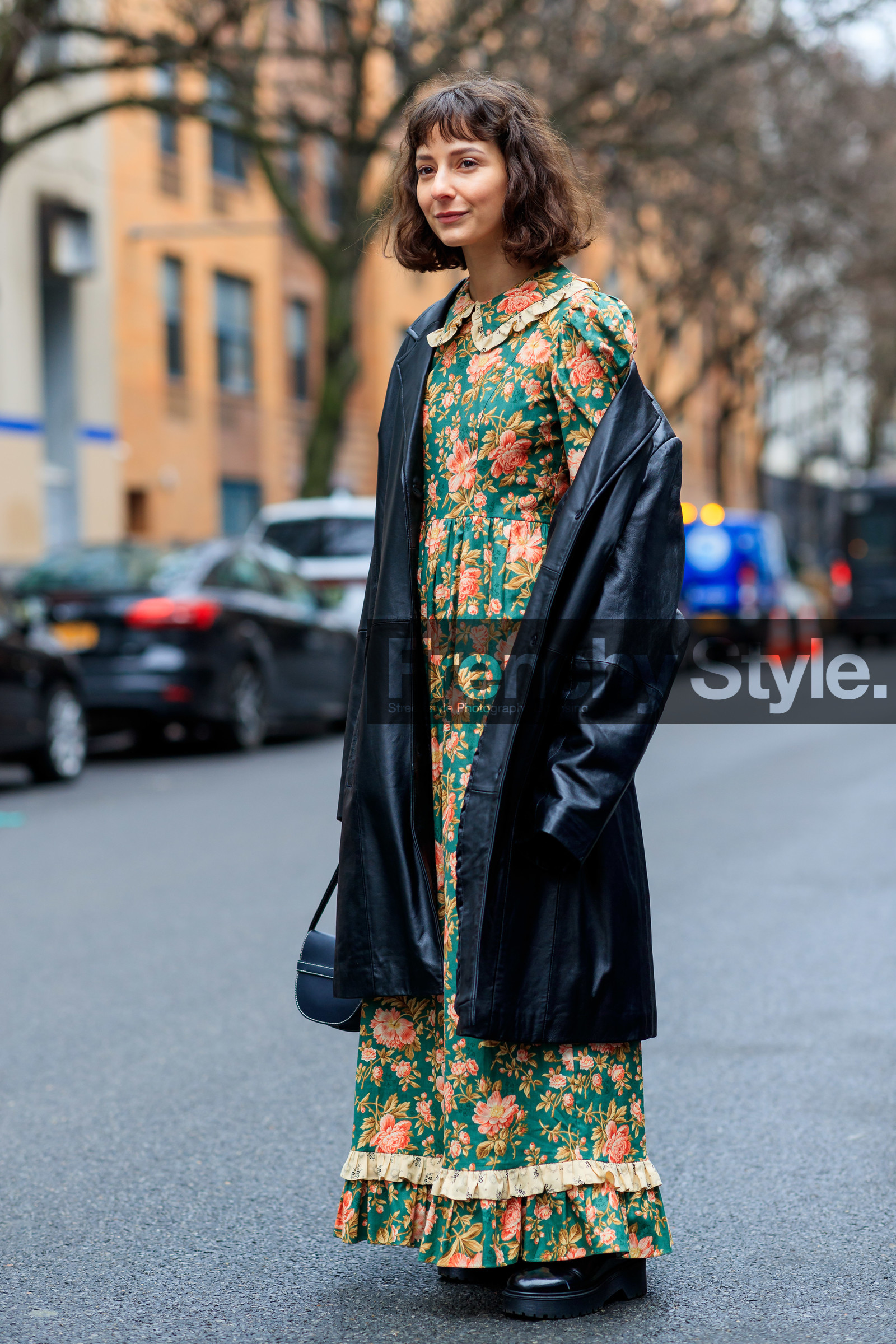 alyssa coscarelli, black bag, black coat, floral, flower, graphic dress, green dress, leather bag, leather coat, loewe, off the shoulder, printed dress, frenchystyle, jonathan paciullo, street style, NYFW, NEW YORK, AUTUMN WINTER 2019-2020, AW 19-20, FALL WINTER 2019-2020, FW 19-20, fashion week, FW, vertical, full length
