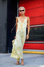 basket, blue sandals, dyed hair, earrings, fashion week, frenchystyle, full length, FW, high heels, jonathan paciullo, leather shoes, necklace, NEW YORK, NYFW, SPRING SUMMER 2018, SS 18, street style, sunglasses, vanessa hong, vertical, yellow dress