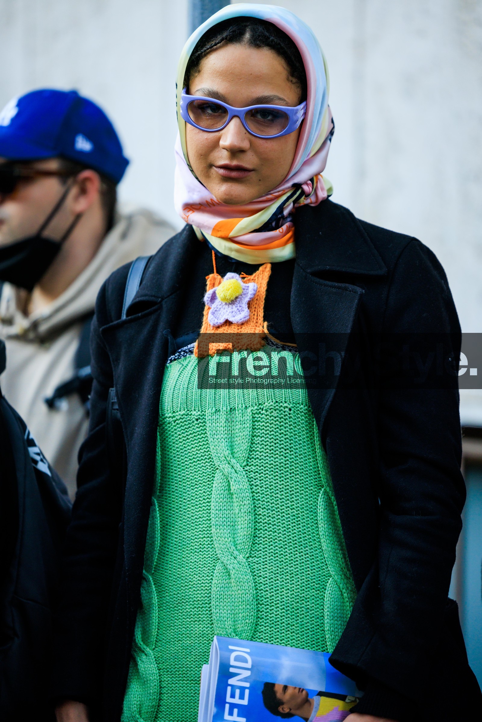 purple sunglasses, baboushka style, head scarf, multicolor scarf, knitted dress, green dress, knitted necklace, flower necklace, black coat, orange collar, street style, jonathan paciullo, FW, frenchystyle, fashion week, MFW, MILAN, FALL WINTER 2022_2023, AUTUMN WINTER 2022-2023, FW 22-23, vertical, atmosphere details