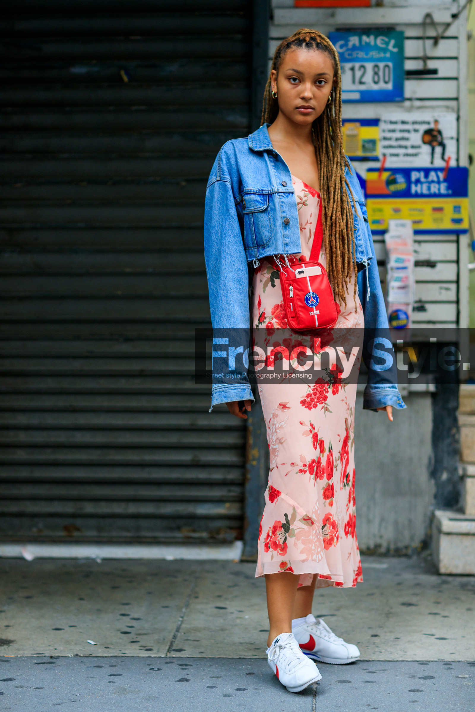 blue denim, denim jacket, fashion week, floral, flowers, frenchystyle, full length, FW, graphic dress, jonathan paciullo, leather bag, leather shoes, NEW YORK, nike, NYFW, printed dress, red bag, red dress, SPRING SUMMER 2018, SS 18, street style, vertical