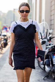 black dress, quilted dress, ruffles, strap dress, sunglasses, white t-shirt, dress, fashion week, frenchystyle, FW, jonathan paciullo, street style, MFW, MILAN, SPRING SUMMER 2022, SS 22, vertical, full length