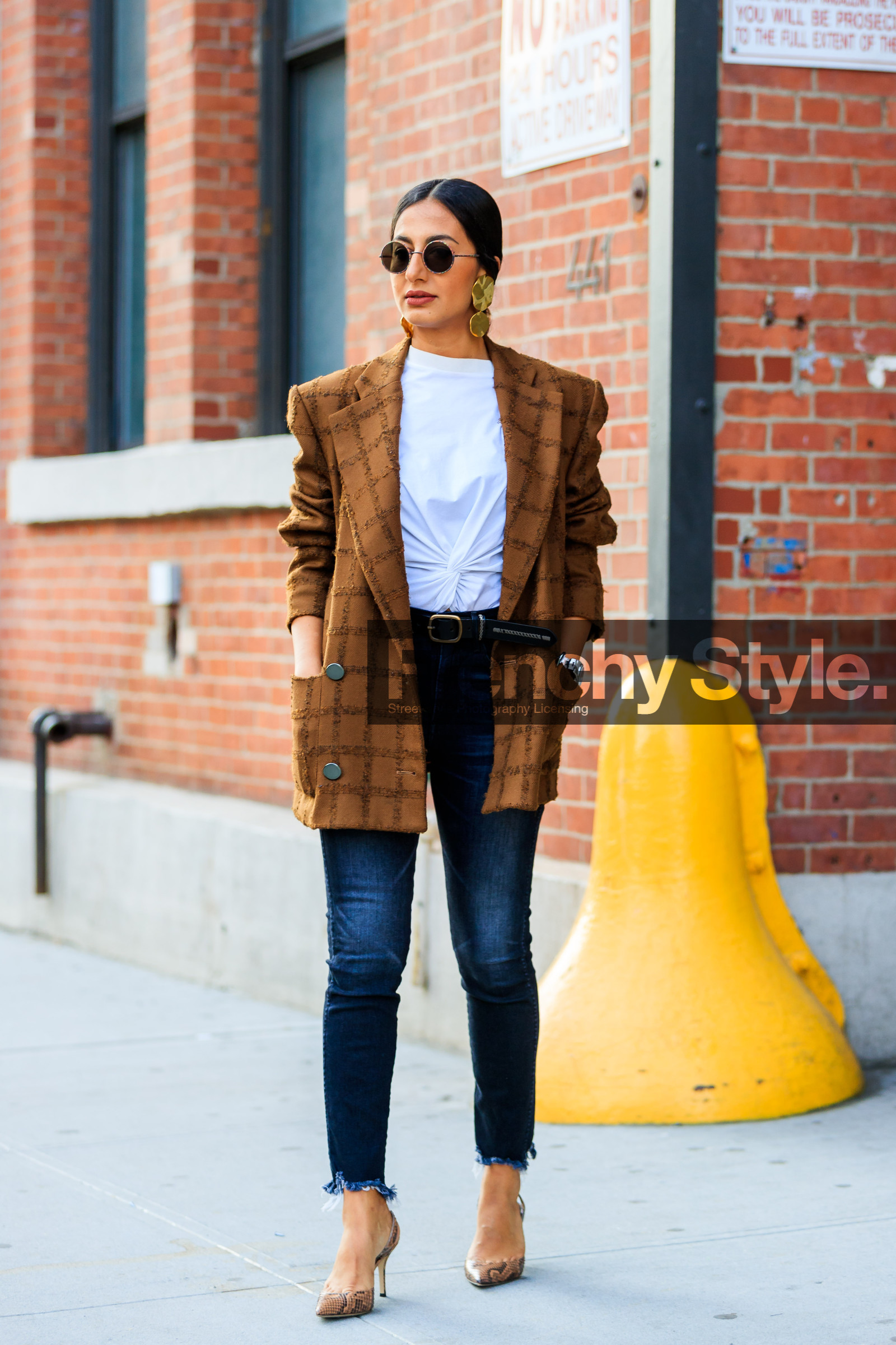 beige shoes, blazer, blue denim, brown jacket, checked jacket, denim pants, earrings, fashion week, frenchystyle, full length, FW, golden jewelry, graphic jacket, high heels, jeans, jonathan paciullo, leather shoes, nausheen shah, NEW YORK, NYFW, plaid, printed jacket, snake print, SPRING SUMMER 2018, SS 18, street style, sunglasses, trousers, vertical, white t shirt