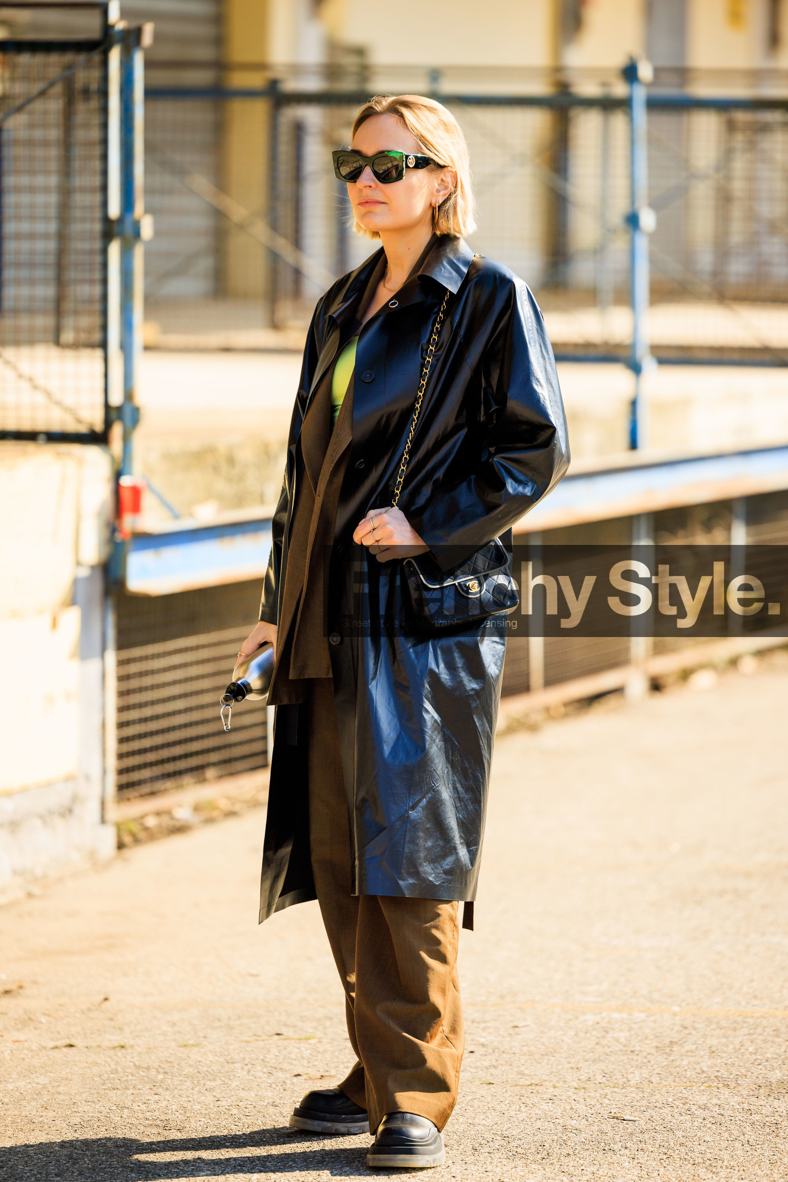 black trench, leather trench, chanel bag, vintage bag, black sunglasses, brown pants, black boots, fashion week, frenchystyle, FW, jonathan paciullo, street style, vertical, full length