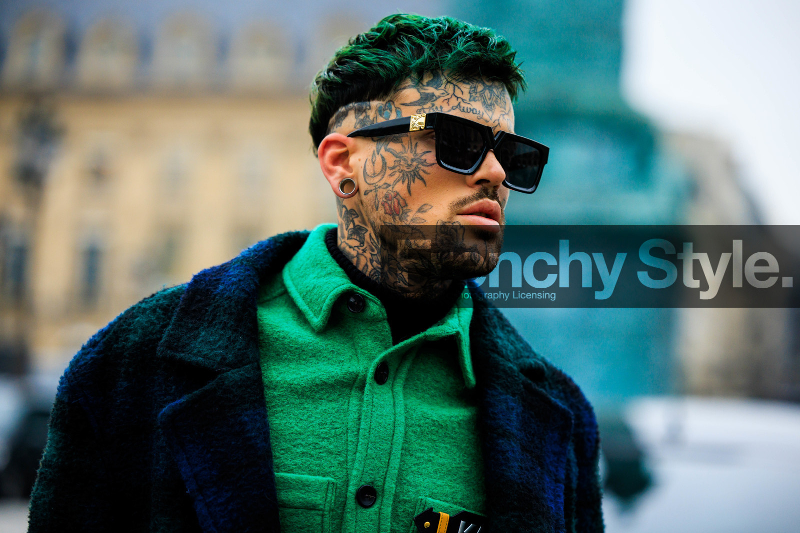 dyed hair, green hair, tattoos, black sunglasses, piercings, green shirt, buttoned shirt, details, plaid trench, dark blue trench, face tattoos, details, fashion week, frenchystyle, FW, jonathan paciullo, street style, PARIS, PFW, SPRING SUMMER 2022, SS 22, atmosphere details, detail, horizontal