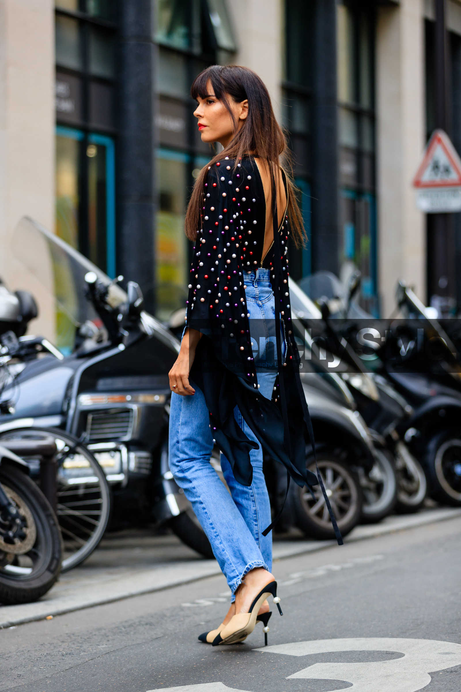 AUTUMN WINTER 2016-2017, AW 16-17, back detail, black top, blue denim, denim pants, evangelie smyrniotaki, FALL WINTER 2016-2017, fashion week, frenchystyle, full length, FW, FW 16-17, HAUTE COUTURE, high waist, jeans, jonathan paciullo, MENSWEAR, open back, open work, PARIS, PFW, polka dot, printed top, street style, trousers, vertical